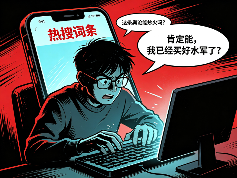 jimeng-2026-07-27-4714-做一个讽刺漫画的图，一个人在手机背后，发布舆论内容，进行内容炒作